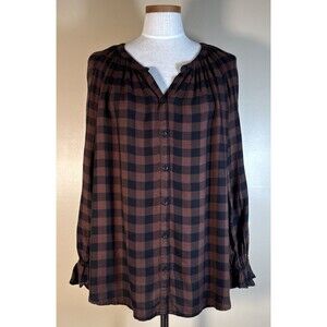 NWT Beach Lunch Lounge Size XL Plaid Blouse Button  Peasant Check Brown Black